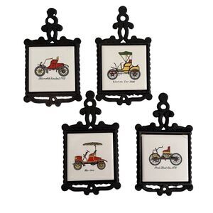 Vtg Ardco Antique Old Cars Cast Iron Porcelain Tile Trivets 6.5" x3.75" Lot of 4